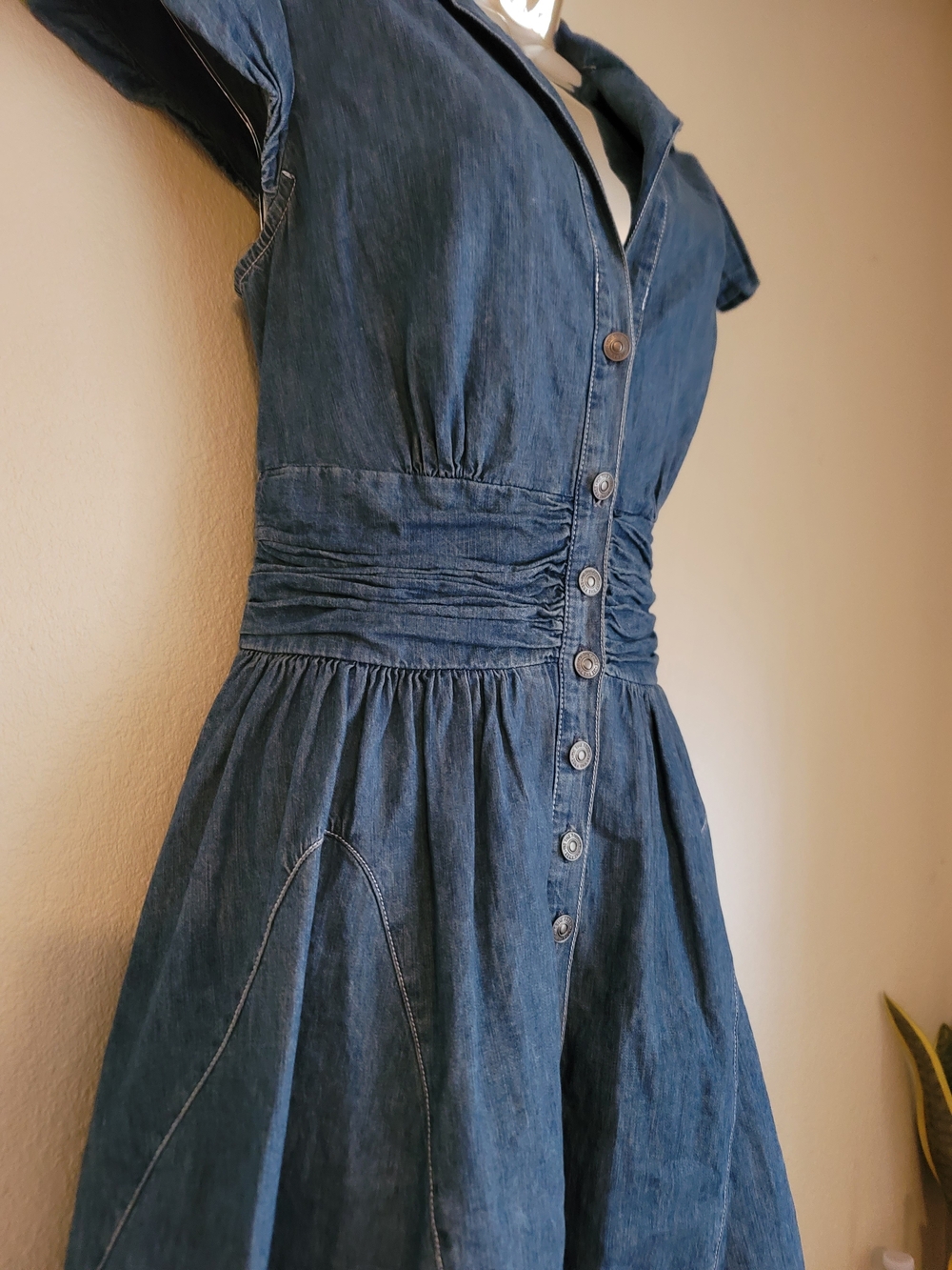 Free People Dark Blue Denim Button-Front Fit-and-Flare Mini Dress - Picture 6 of 13